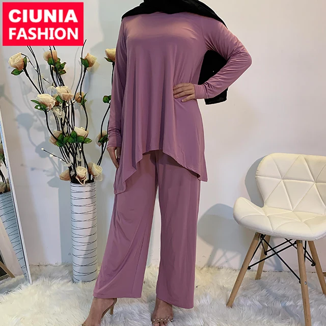 

6332# Wholesale Solid Color Jersey 2pcs tops pants muslim abaya sets Dubai islamic dress clothing casual suit, Dusty pink/brown/navy/black