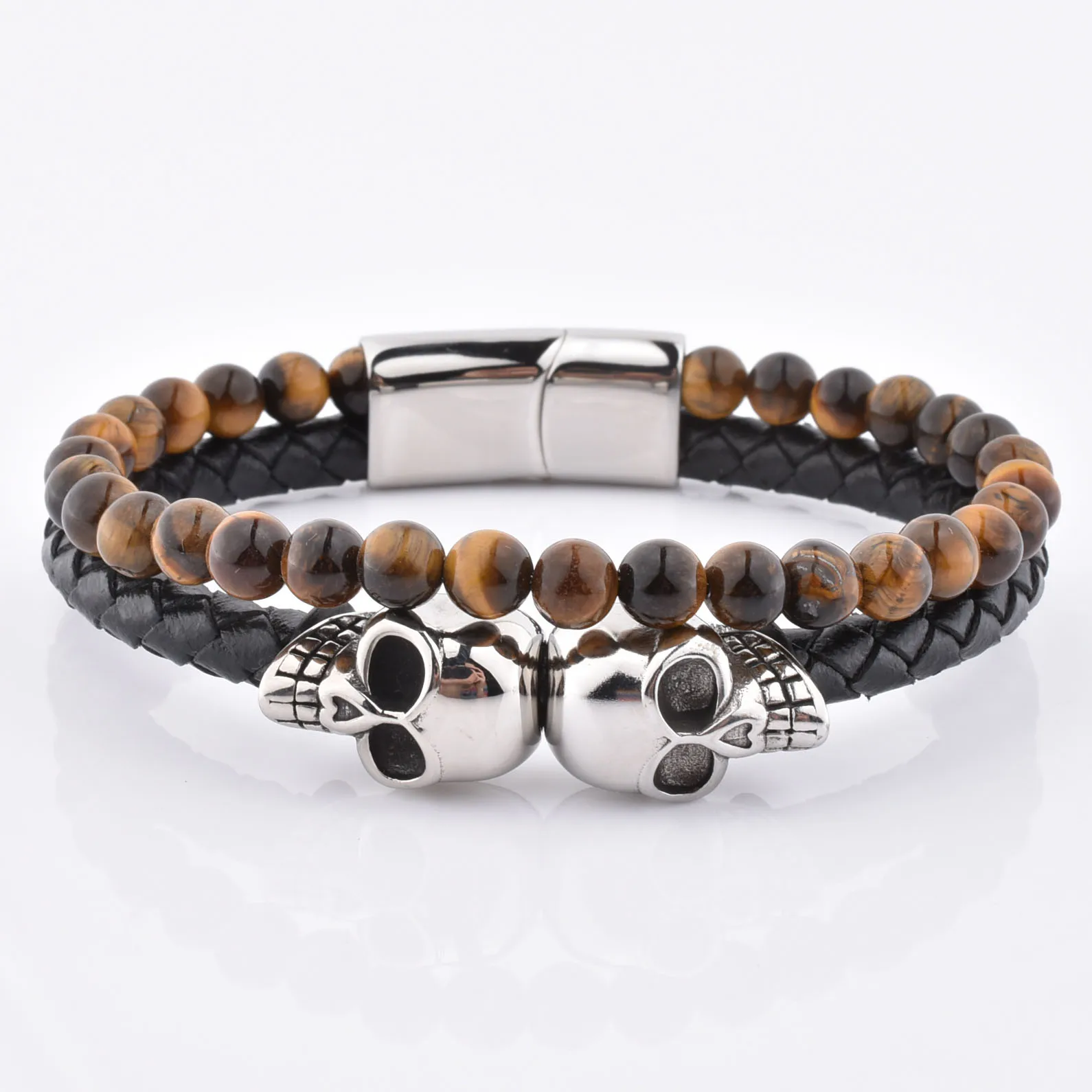 Men Fashion Double Skull Magnetic Leather Wrap Yellow Tiger Eye Bead Bracelet