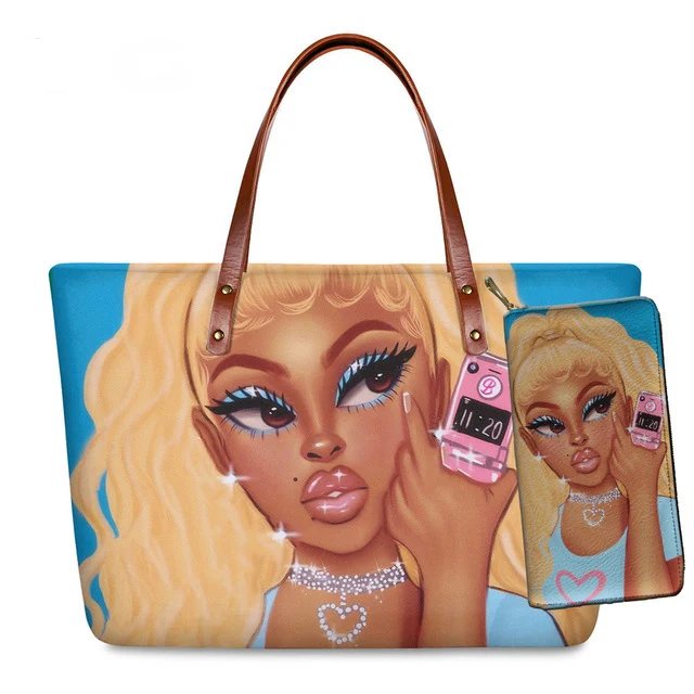 

2021 Fashion Handbags Black Art African Girls Printed Ladies Women Hand Bags Handbags Purse Set Shoulder Tote Bags, Customized