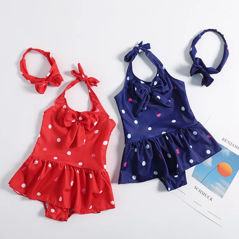 

2022 Bowknot Halter Kids Girls Swimwear One Piece Red Blue Solid Kids Swim Girls Swimsuit Kid