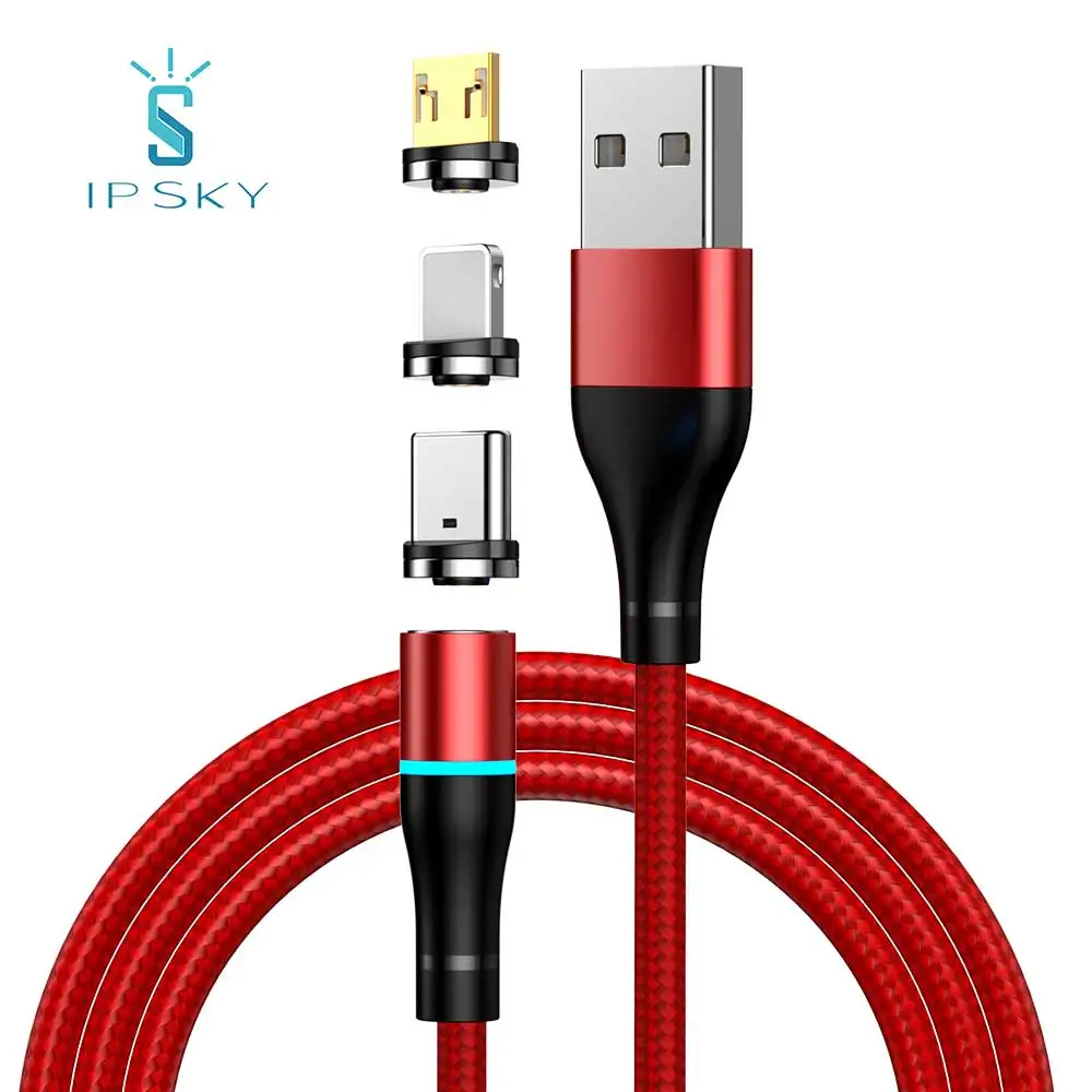 

New IPSKY Magnet Charger Cable Nylon Fast Charging Type C Micro USB Lightning Connector Data Line Led 3 in 1 Magnetic Cables, Black/red/blue/silver