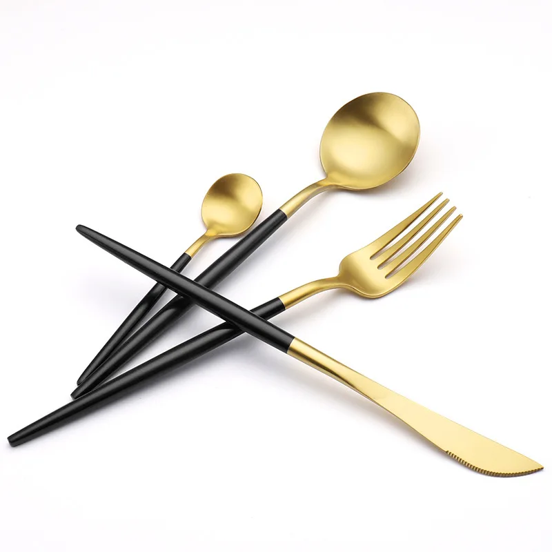 

Wholesale Low Moq High Quality Luxury Black Gold Hotel Wedding Custom Logo 304 Food Grade Stainless Steel Cutlery Flatware Set, As picture