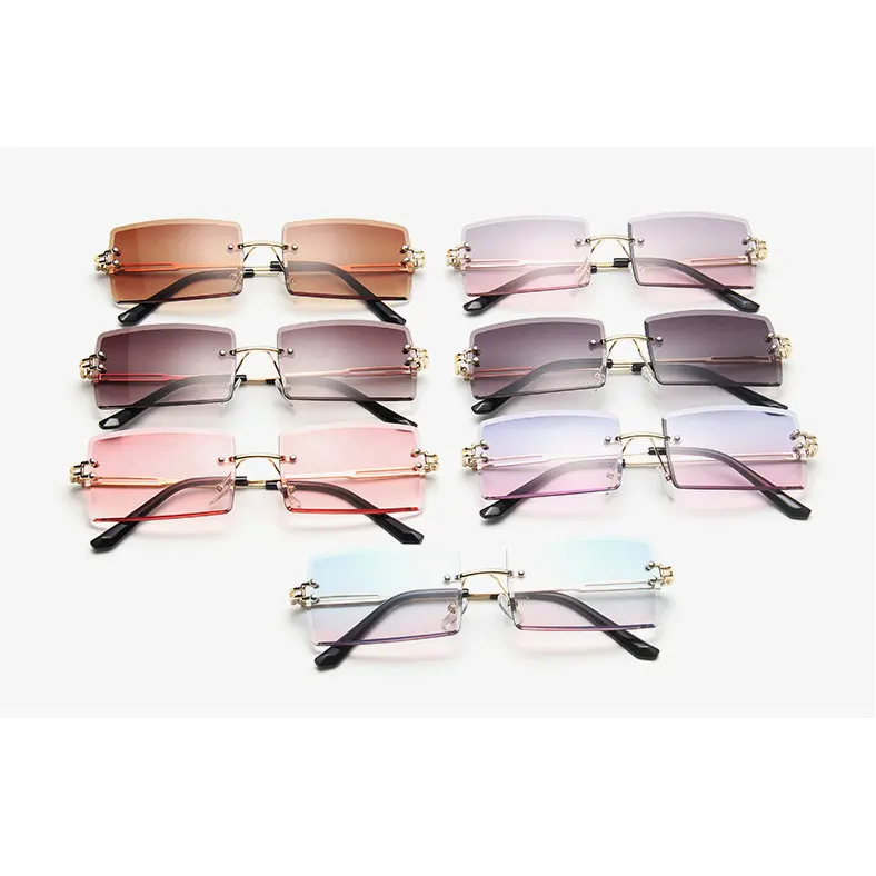 

Vendor Wholesale Custom Sun Glasses Rimless Rectangler Diamond Design Men Summer Shades 2021 Small Women Frameless Sunglasses, Black, white, red, pink, blue, customize colors