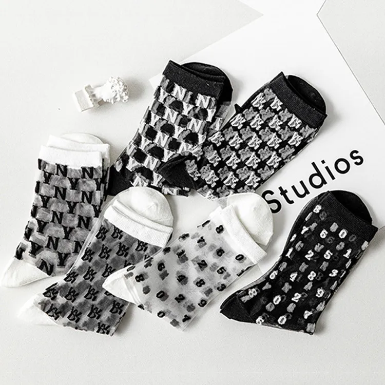 

Black White Alphabet Letters Jacquard Cotton Nylon Sheer Socks Casual