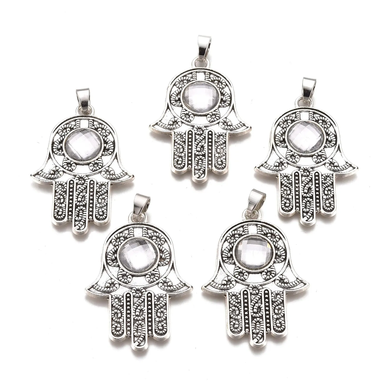 

PandaHall Tibetan Style Hamsa Hand Acrylic Alloy Bag Pendants, Antique silver