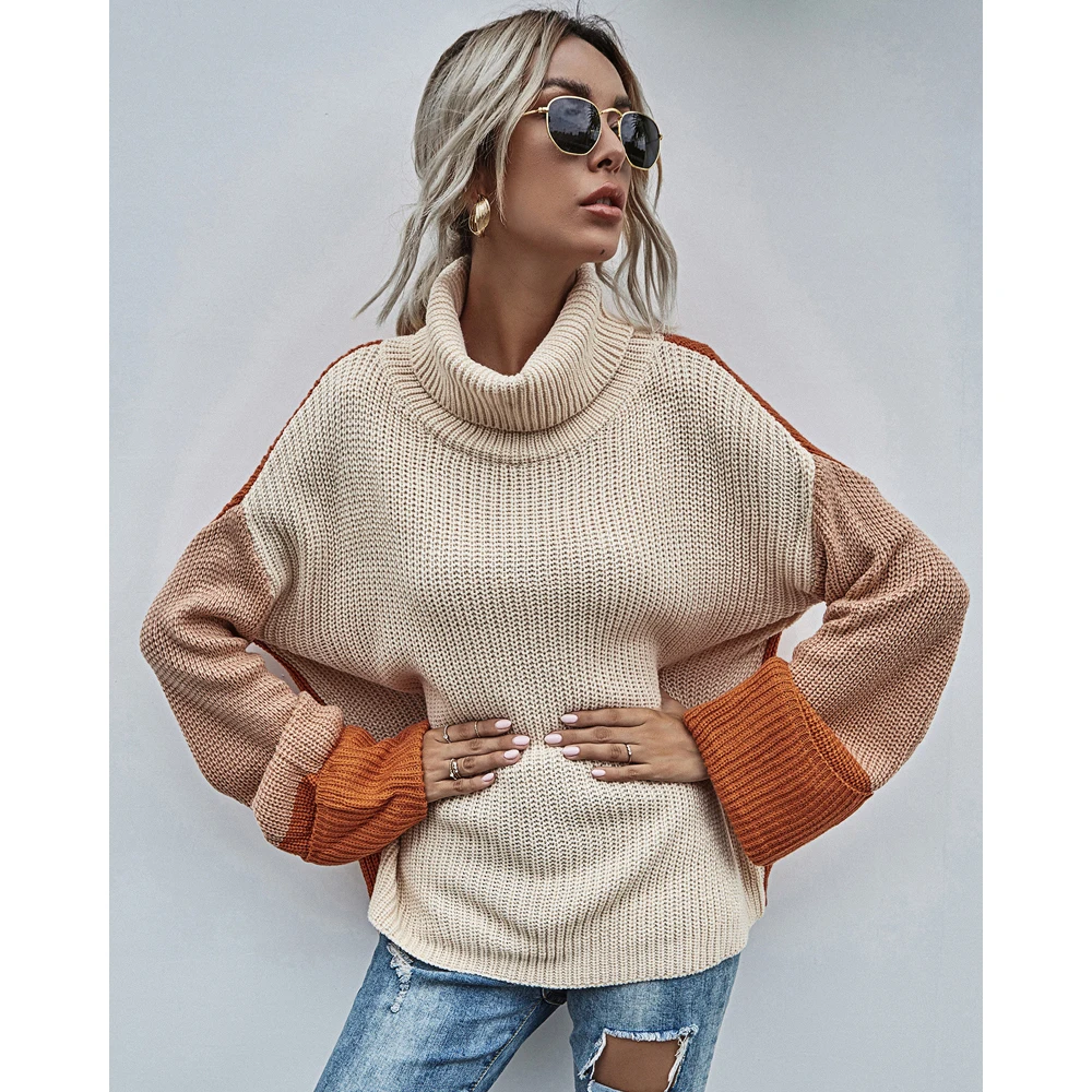 

wholesale turn-down collar cotton polyester blend women winter sweater color blocking patchwork turtleneck sweaters women 2021
