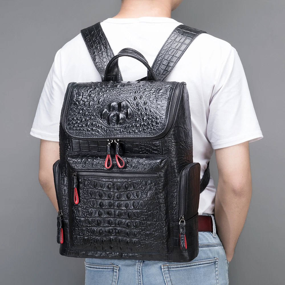 

Marrant High quality genuine leather men backpack crocodile pattern men's school travel bag durable leather man laptop backpack, Black