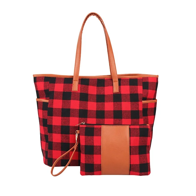 

Handbags Wholesale Red Buffalo Plaid Polyester Tote Handbags Women Hand Bags