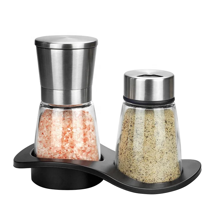 

18/8 304 Stainless steel Ceramic Grinder Pepper Salt and Spice Mill and Shaker Set with 170ml Glass jar and Plastic Base