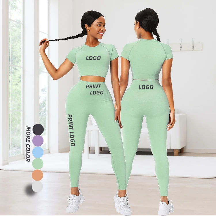 

New Fashion Seamless Activewear Short Sleeve Sport Tops Two Piece Yoga Set Women Gym Set
