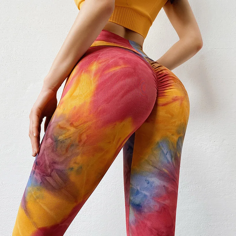 

High Waisted Yoga Pants Tummy Control Scrunched Booty Leggings Tie-dye Print Workout Running Butt Lift Tights Women Legging, Grey ,blue, green ,yellow