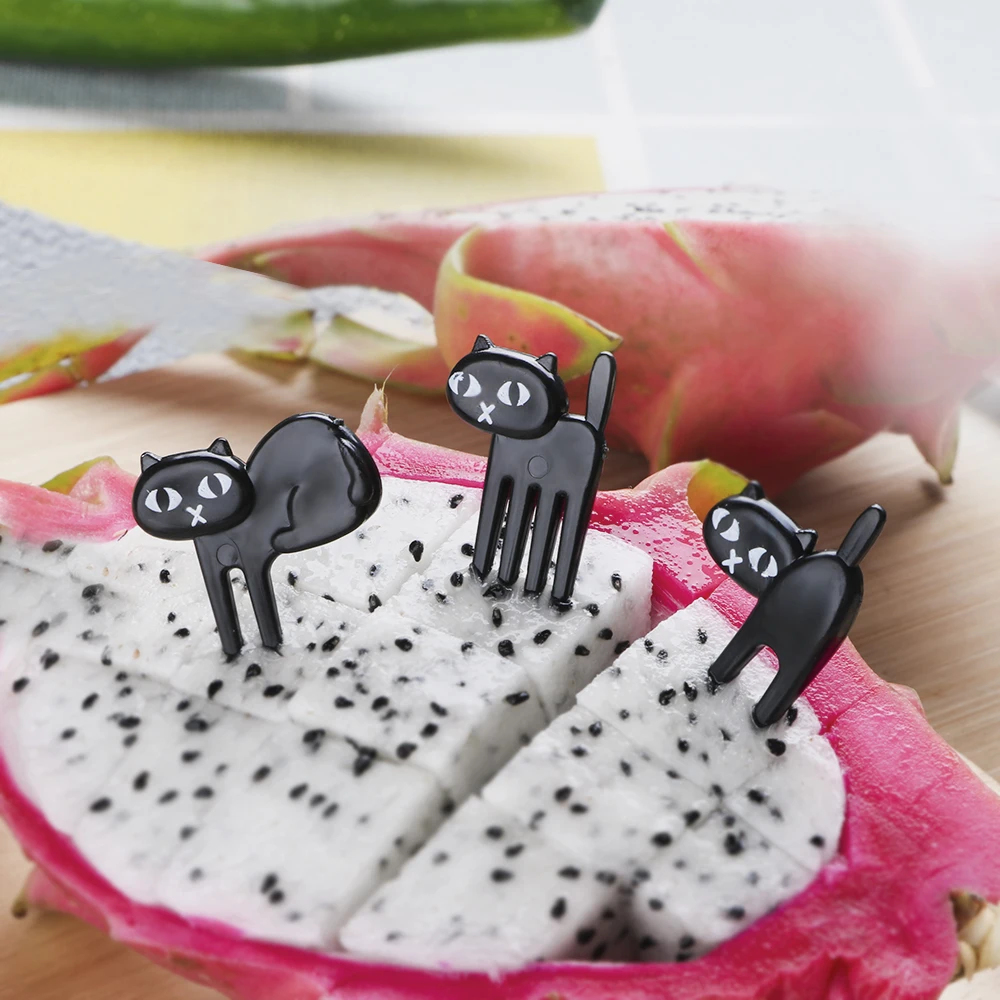 

6pcs/pack Bento Lunches Toothpick Tableware Mini Cartoon Black Cat Fruit Fork Snack Cake Dessert Food Fork Party Decor, As photo