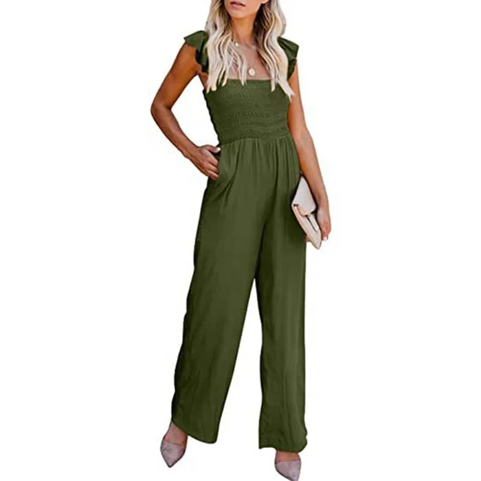 

Free Shipping New Arrival Women Ruffled Sleeve Wide Leg Jumpsuit Women Solid Color Smocked Jumpsuit, Accept customized color