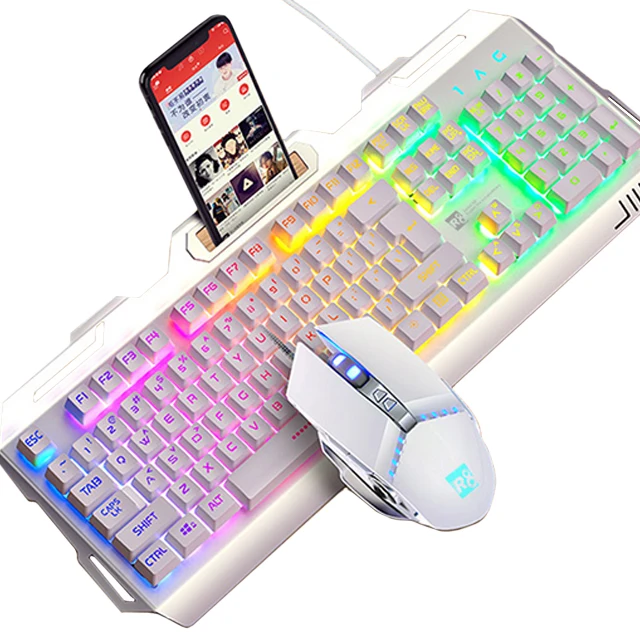 

Wired Gaming Rainbow Breathing Led Light Keyboard Mouse Combo with Mobile Holder, Black/white