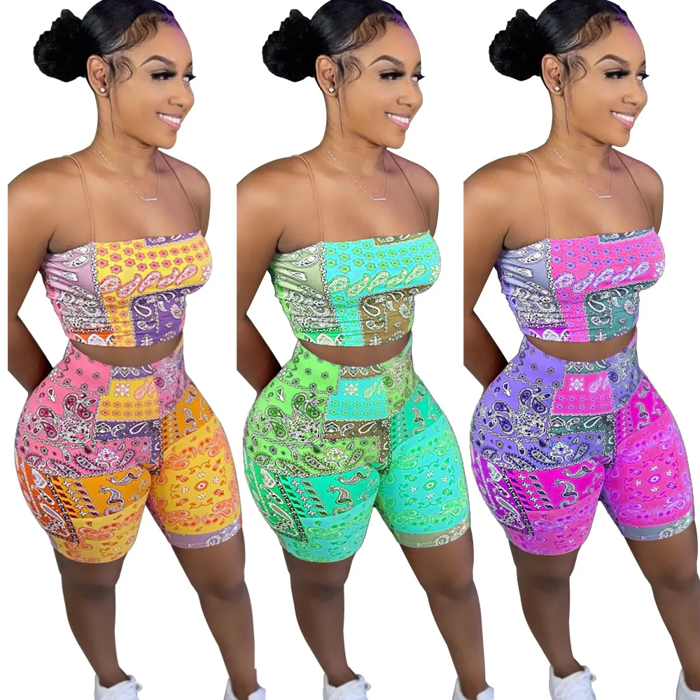 

2021 women summer bandana print bathroom patchwork 2 piece biker short jogger yoga set, Picture shows