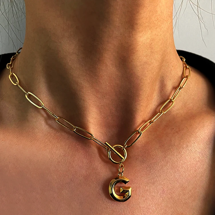 

26 initial brass alphabet 18k gold thick chain personalized letter necklace, Picture