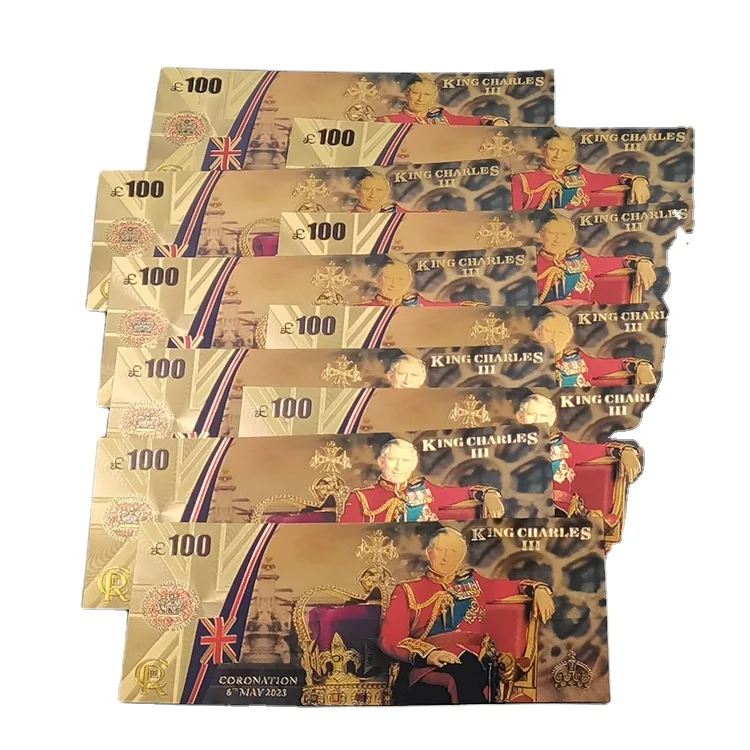 

Free Shipping Charles III Souvenir 100 UK Plastic 24K Gold Foil Plated Banknote for Collection