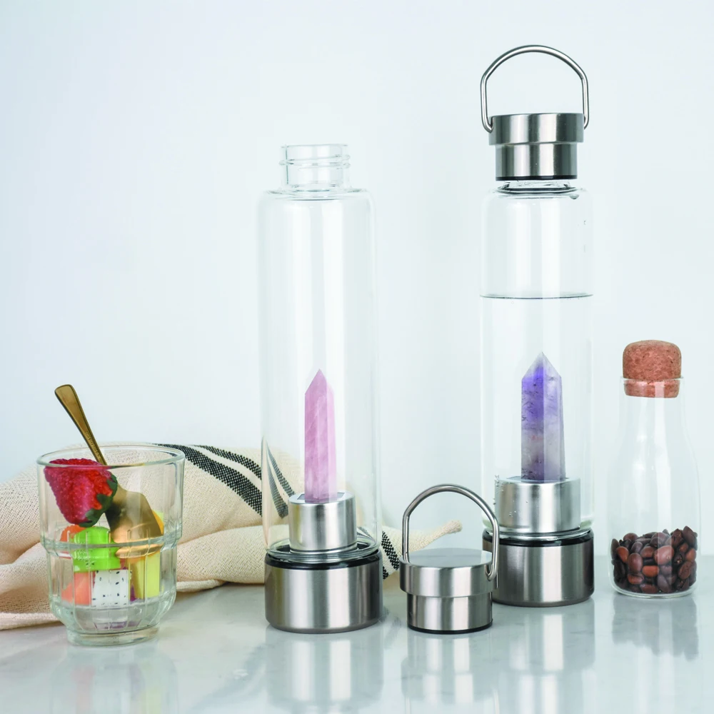 

natural energy Elixir Detox 19.5 oz Crystal Infused Borosilicate Glass Water Bottle with Changeable Wand Crystal, Transparent