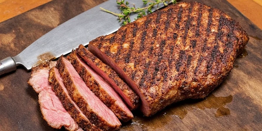Close-up of smoked brisket with thyme rub