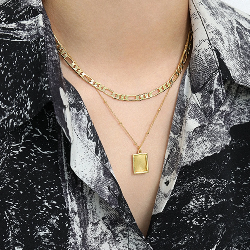 

New 18k Gold Plated Jewelry 925 Sterling Silver Square Rectangle Engraved Character Nameplate Pendant Necklace For Couples Women