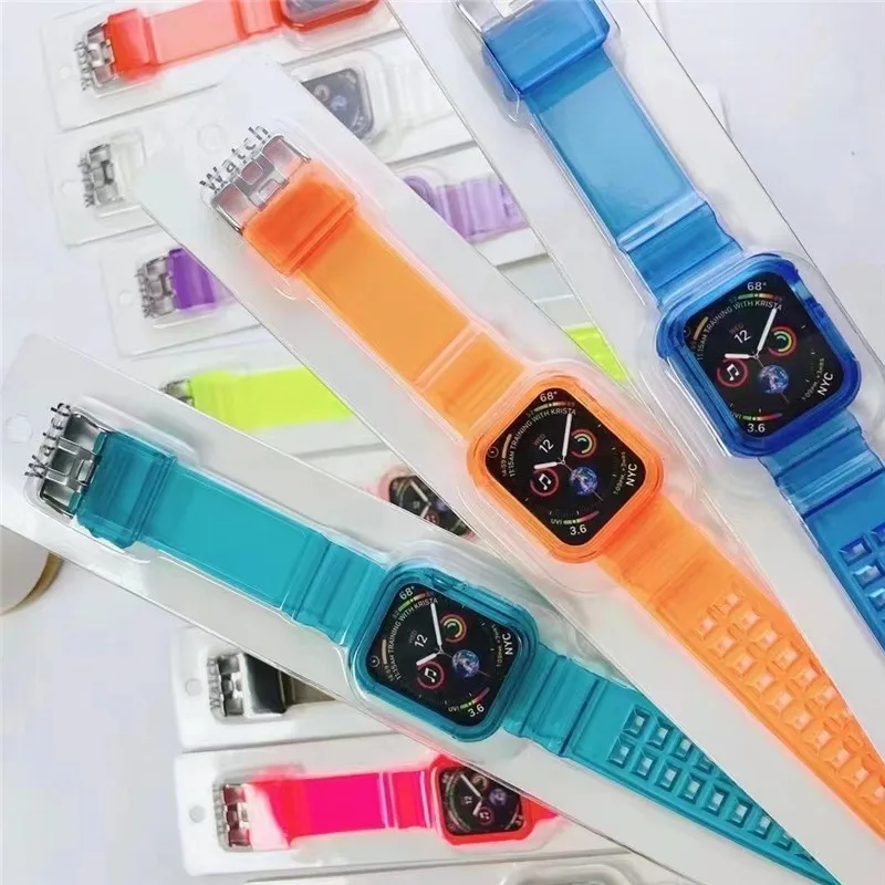 

Clear Sports TPU Crystal Watch Band Strap with Rugged Bumper Case Transparent Watch Band for Apple Watch 38mm 40mm 42mm 44mm