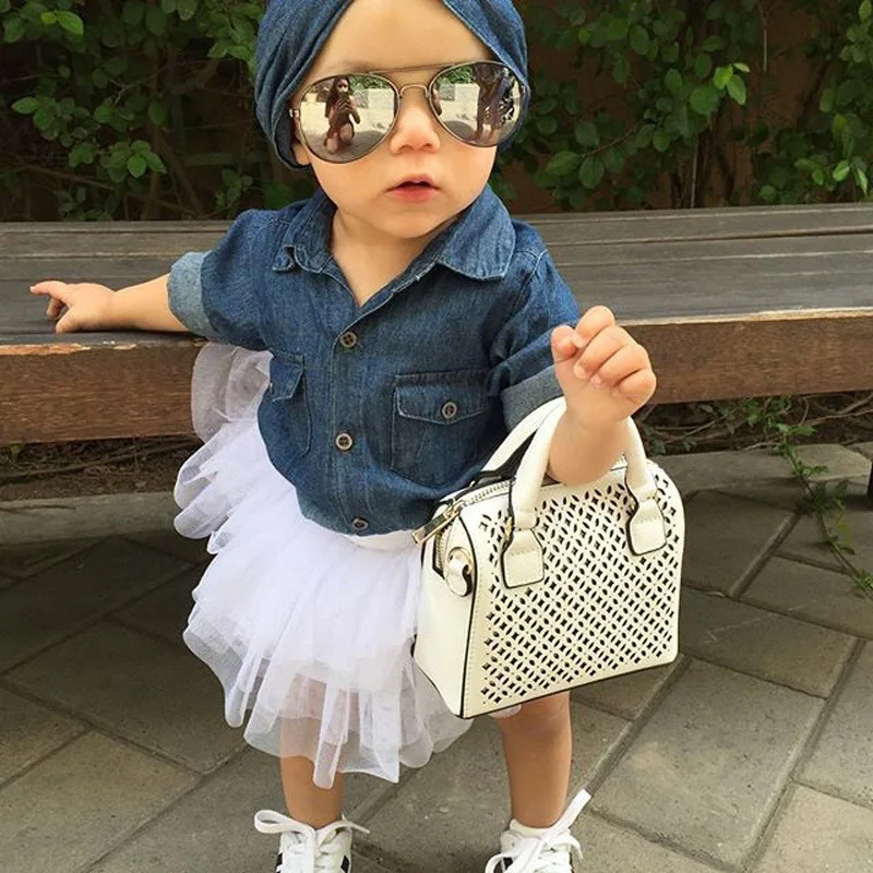 

Spring Girls Clothes Sets Denim Shirt + Gauze Tulle Skirt+ Headbands 3pcs Set Denim Kids Girl Clothing Set Children Clothing