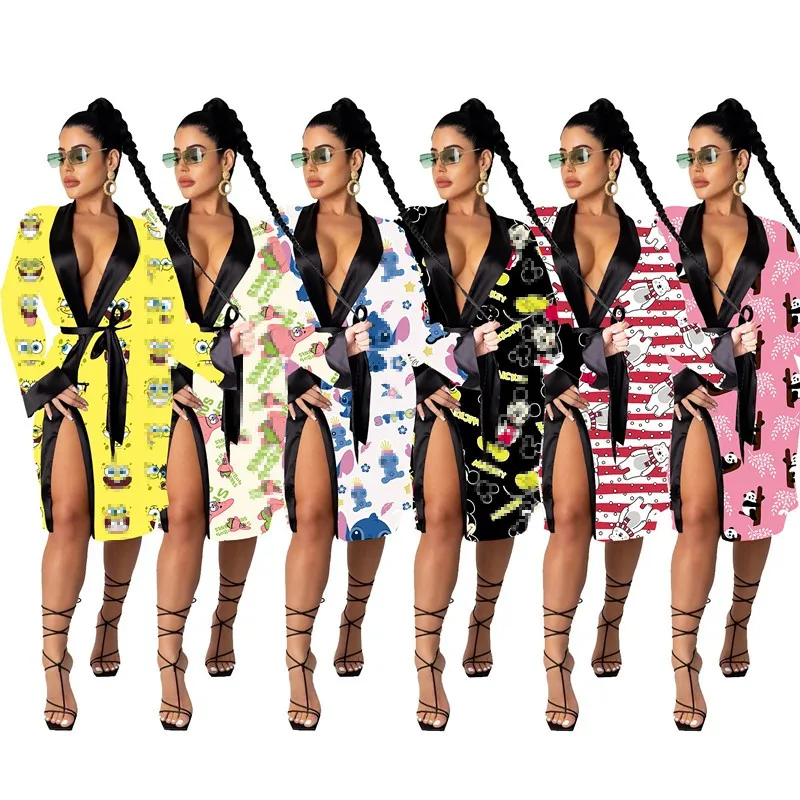 

2022 New Silk Cartoon Sleepwear Night Gown Robe Pajama Sexy Bathrobe Lounge Wear Kimono Satin Robes for Women, 22 colors