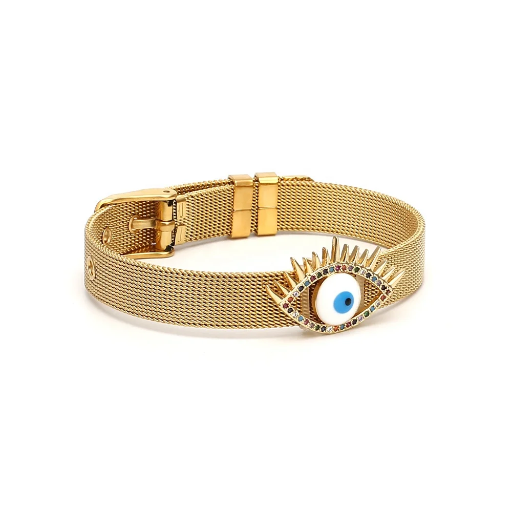 

Wholesale new spring fashion girl gold stainless steel mesh bracelet jewelry rhinestone devil's eye bracelet