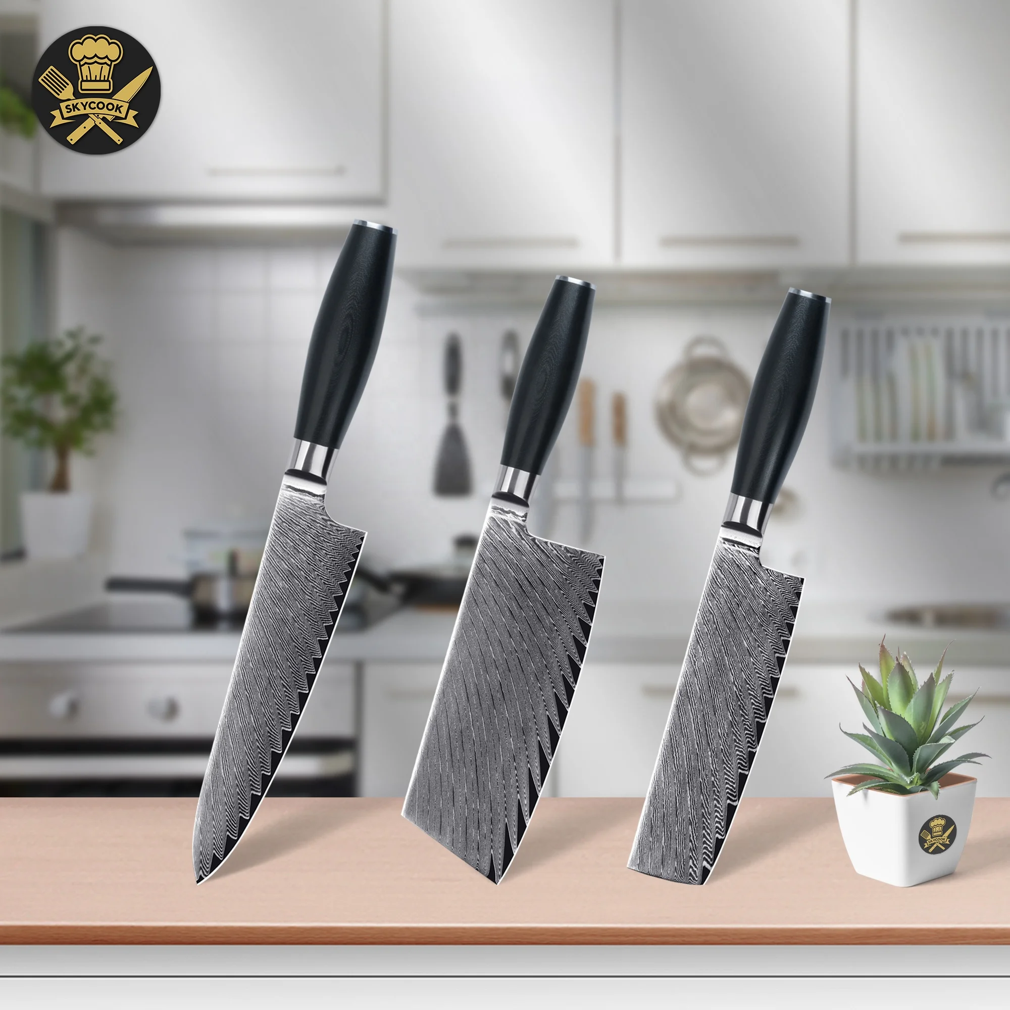 

10% off SkyCook messer kitchen knife set damascus knife set damascus chef knife set with Olive Shape G10 handle