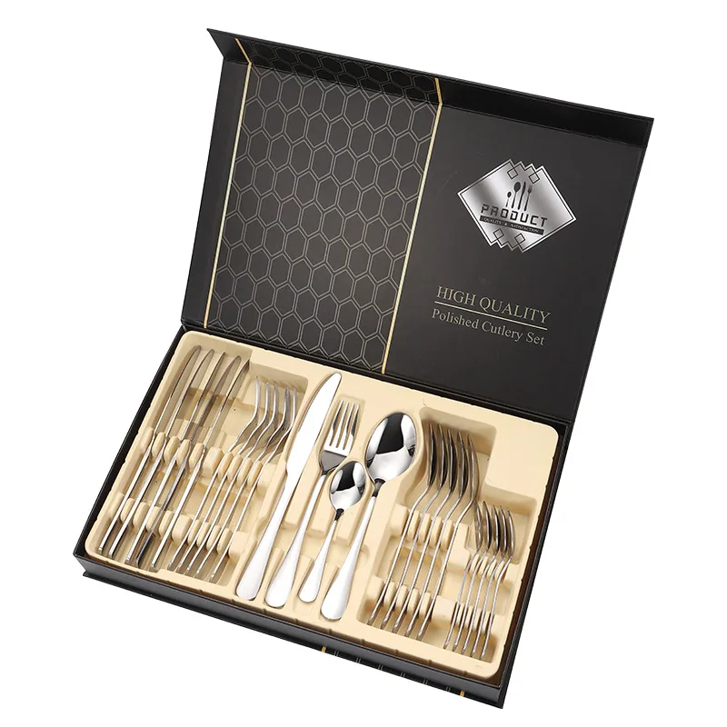 

Amazon Hot Seller High Quality Cutlery Sets Metallic Spoon Fork Knife With Gift Box 24pcs Silverware Stainless Steel Flatware, Silver/gold/rose gold/rainbow/black