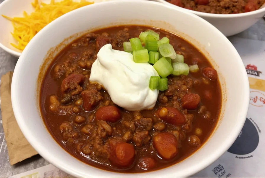Finished homemade chili with ground beef served in bowl with toppings including shredded cheese, sour cream, and green onions