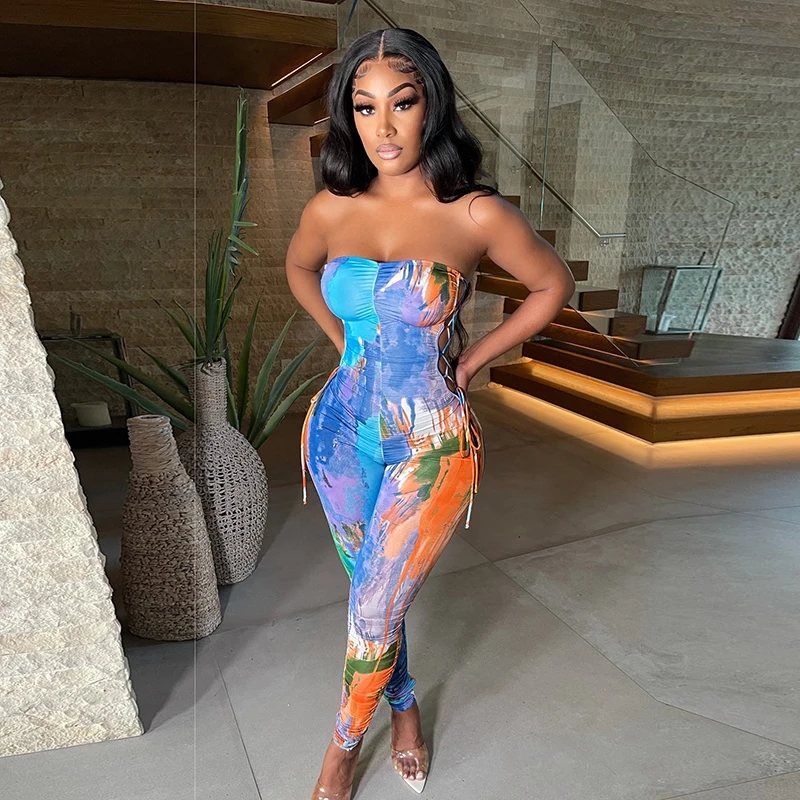 

Sandtree M21JP311 Sexy Hollow Strapless One Piece Jumpsuit 2021 New Arrivals Bandage Fashion Graphic Print Jumpsuit