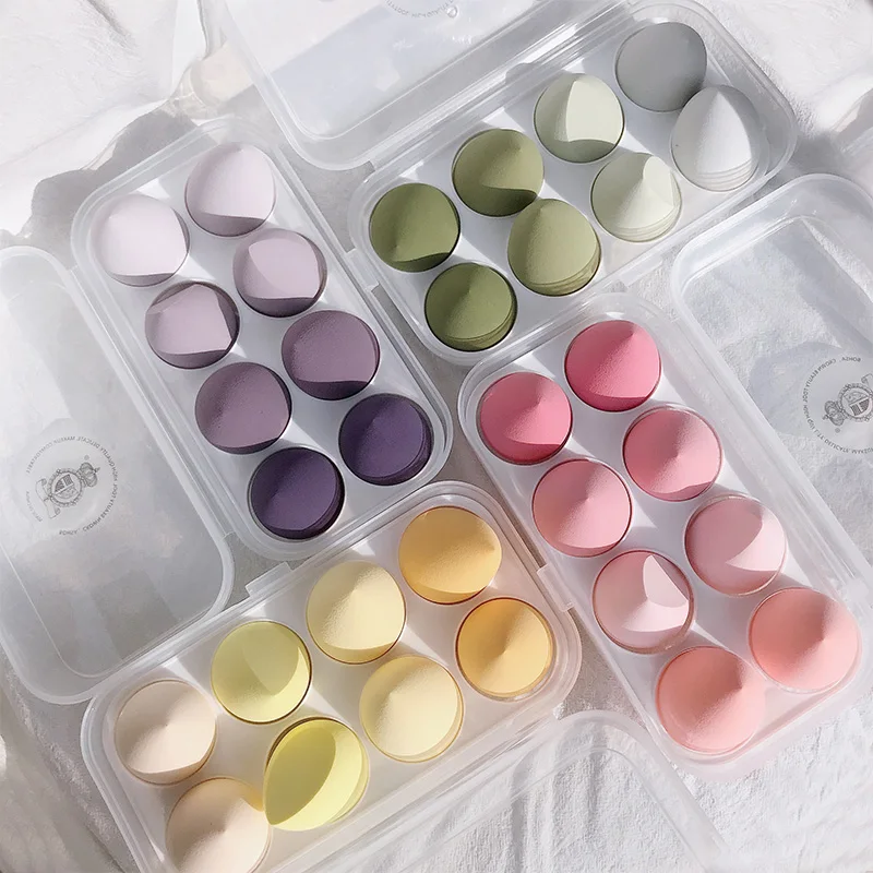 

8pcs PP Plastic Box Multi-function Hydrophilic Funny Egg Shape Makeup Sponge Foundation Beauty Makeup Egg, 4 set of colors