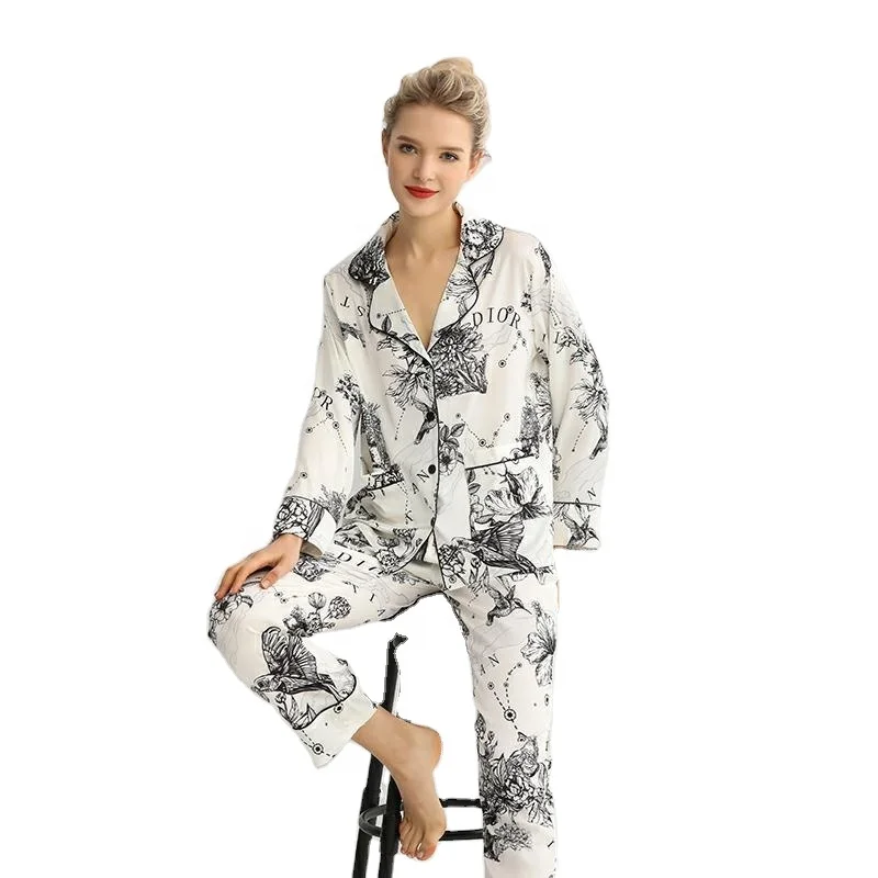 

Women's Pajamas Fall Loose XL Printed Satin Pajamas Long Sleeve Pants Casual Family Dress Two Piece Set