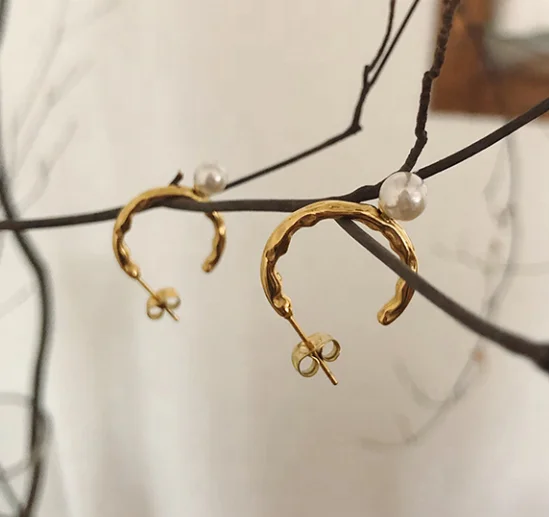 

Wholesale Fashion Stainless Steel Jewelry 18K Gold Plated Jewelry Textured Gold Earrings Peal Earrings Jewelry Woman, Gold/silver/rose gold