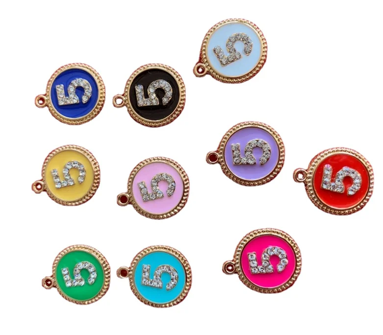 

color enamel number 5 charms with crystals DIY number 5 round circle charms for bracelet necklace number jewelry accessories
