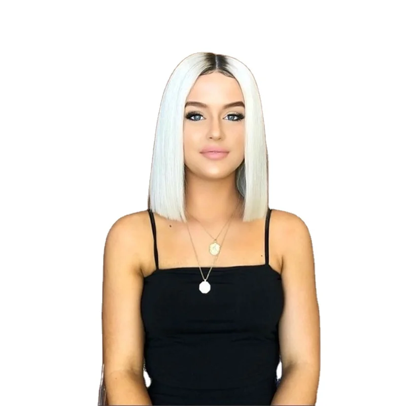 

White Bob Wigs Straight Short Wigs Synthetic Heat Resistant Fiber Hair Middle Part Cosplay Party Wigs, Natural color