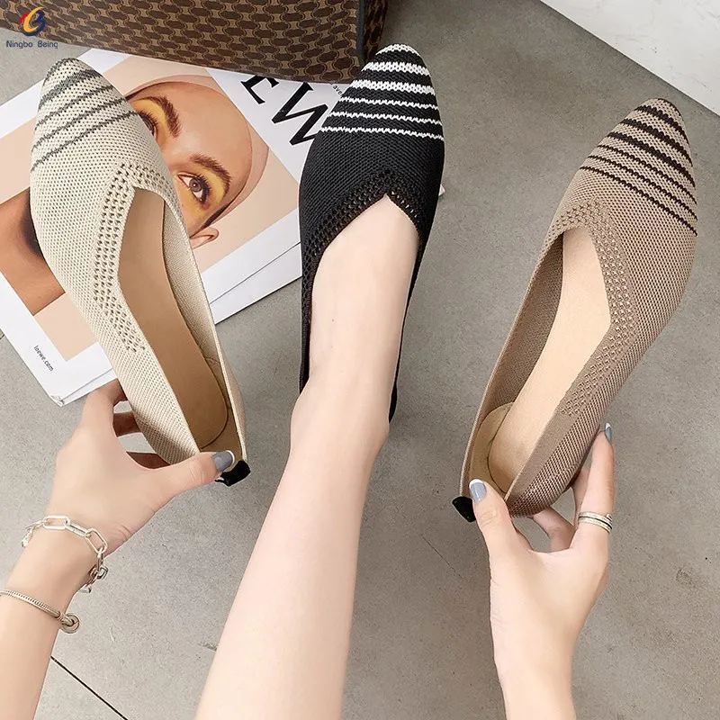 

New design stripe pointy toe women's casual shoes fly knit ladies flat shoes ballet shoes women