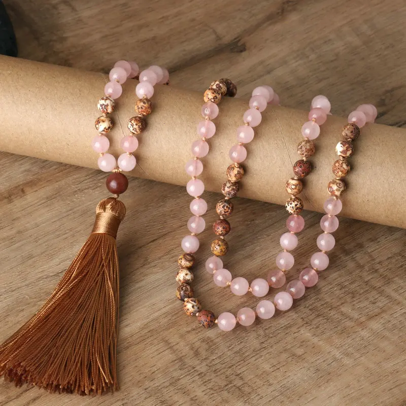 

8mm Rose Quartz Necklaces Fine Jewelry Gift Healing Crystal Fire Agate 108 Beaded Japamala Necklace for Women Girls