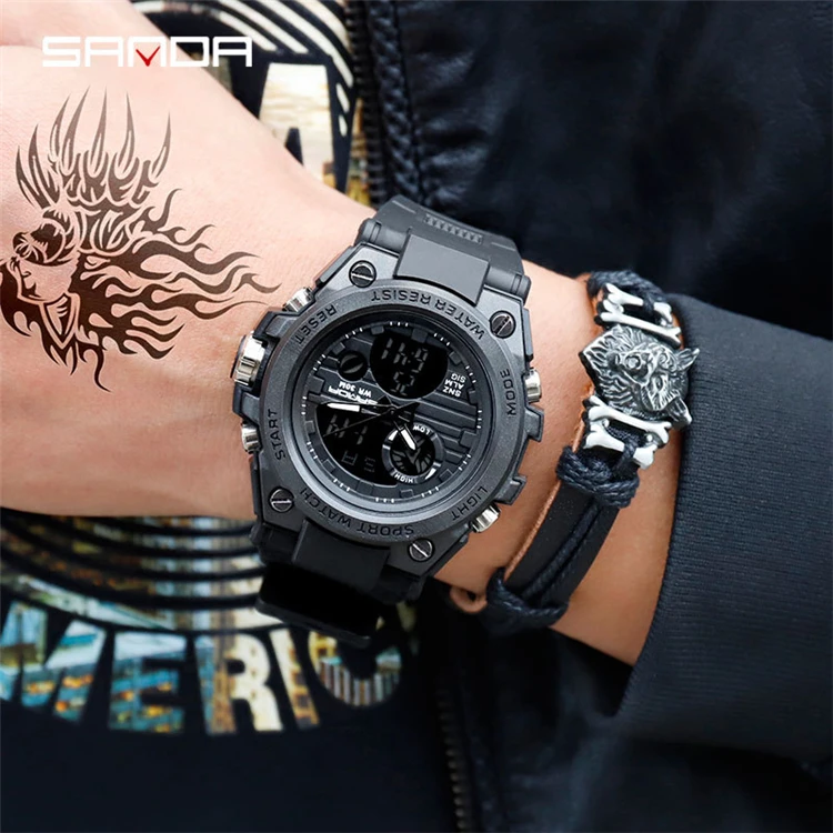 

2021 SANDA 739 Sports Military Men's Watches Waterproof Dual Display Relojes Wristwatch For Male Clock Stopwatch quartz watch, 5 colors