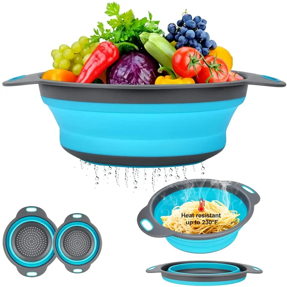 

2Pcs/Set Silicone Collapsible Colander Strainer with Handle,Vegetable Fruit Washing Drain Basket, Red,green,blue,orange