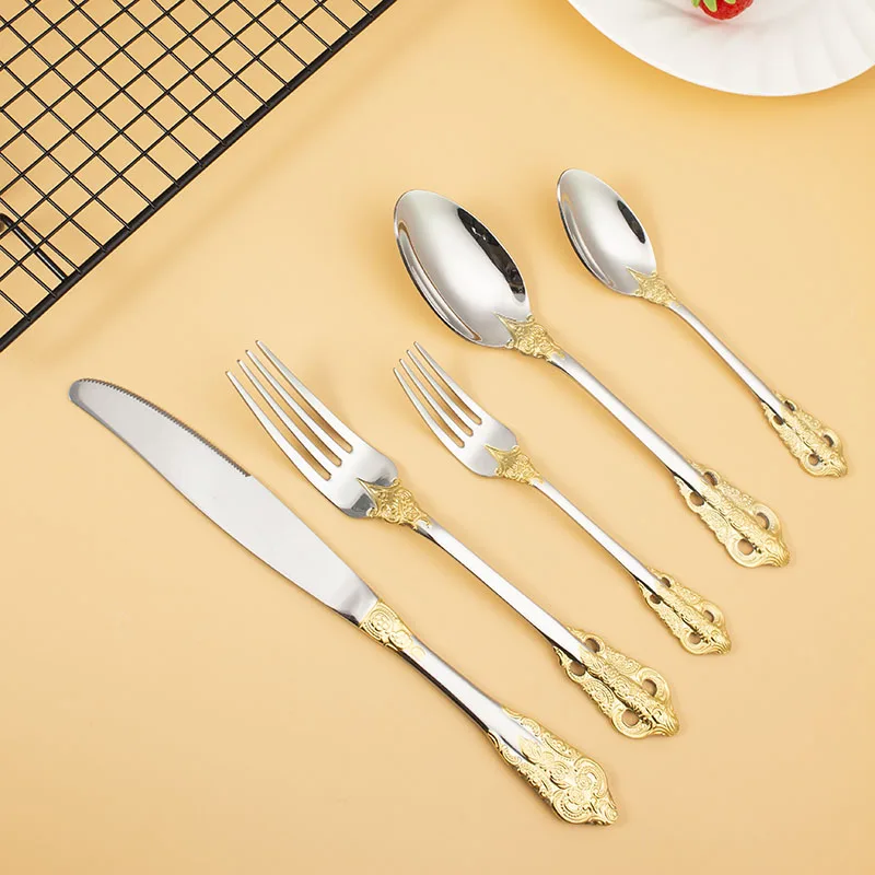 

Vintage royal style design cutlery set stainless steel 304 partial gold plating cutlery for hotel and wedding