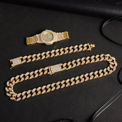 

New Iced Gold Plated Diamond Paved Cuban Chain Necklace Watch Set Jewelry Luxury Bling CZ Hip Hop Watch Cuban Jewelry Set