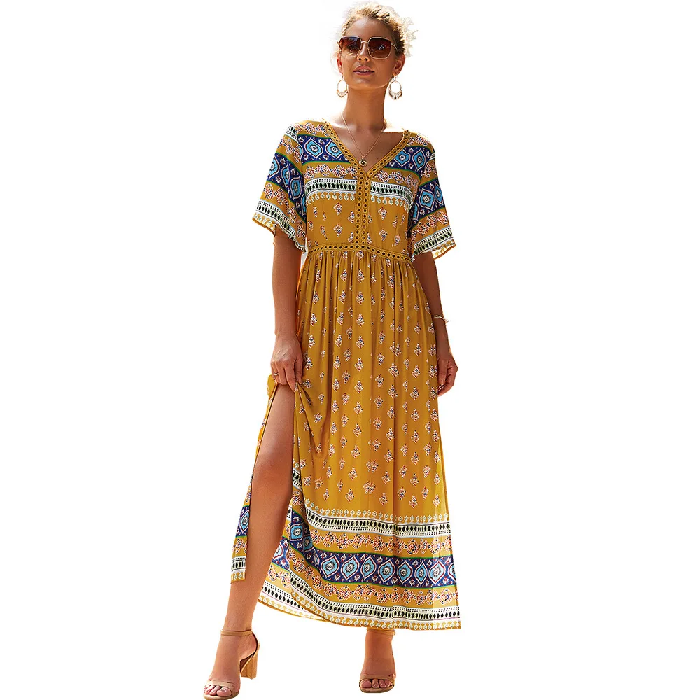 

2020 New Arrival summer collection Women short sleeve v neck bohemian floral print ladies casual dresses