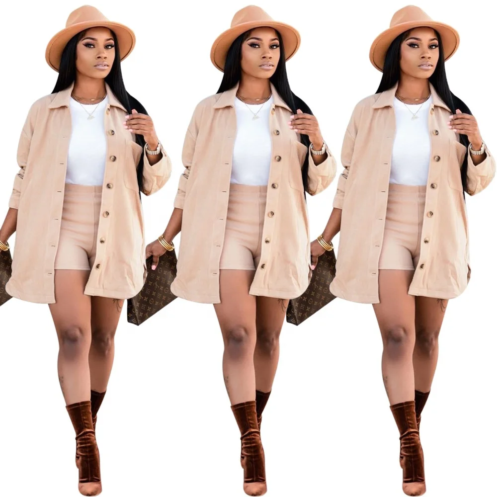 

2021 Women Clothing Sets Lapel Cardigan Coat High Waisted Shorts Loose And Comfortable Two Piece Short Set, Shown
