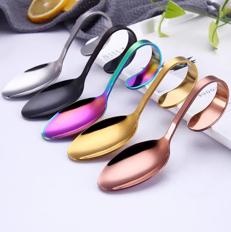 

O303 Stainless Steel Hanging Cup Tableware Tea Coffee Mixing Flatware Kitchen Curved Handle Spoons