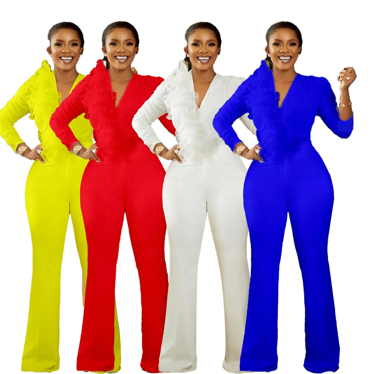 

D121T New Solid Color Long-Sleeved Slim High-Waist African Jumpsuit, 6 colors
