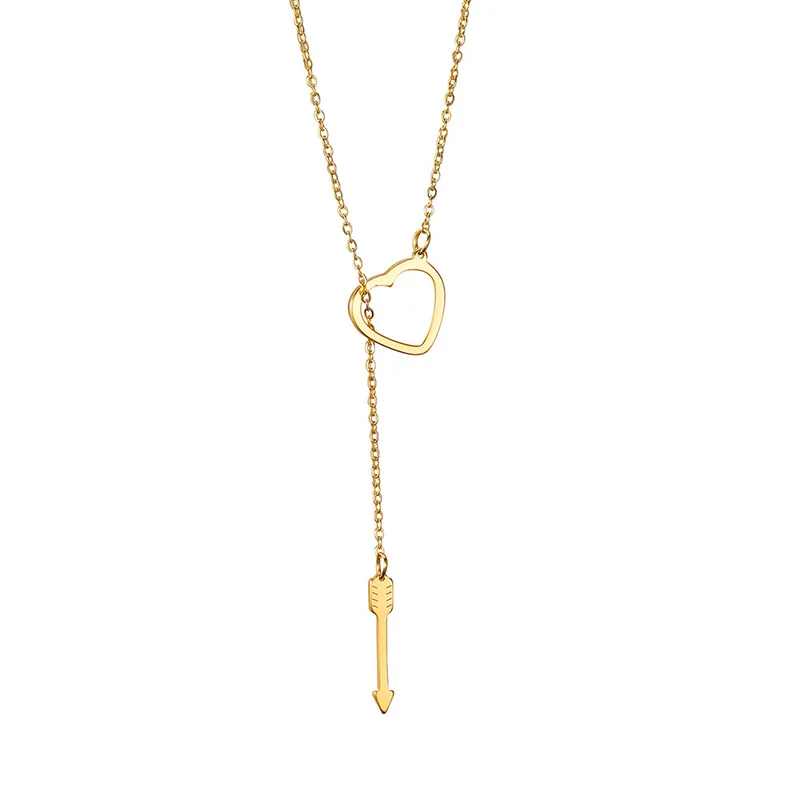 

Dainty Stainless Steel Lariat Necklace Handmade 18K Gold Plated Necklace For Women Heart With Arrow Necklace