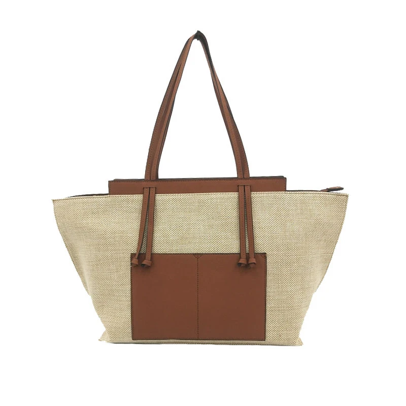 

Large Capacity Canvas Linen Shoulder Shopping Purse Fashion Contrast PU Tote Bag Luxury Designer Handbags