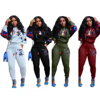 

wholesale words print patchwork long sleeve sweatshirt sports pants 2 piece tracksuit set sweat suits for women